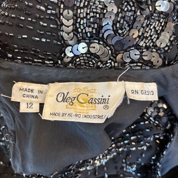 Vintage 80's Oleg Cassini Silk Beaded Sequined Long Evening Gown Black Size 8 - Picture 9 of 16